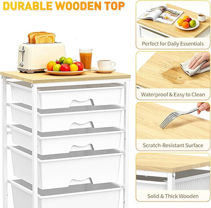 SUNALLY Rolling Carts With 5 Drawers, Storage Drawer Carts with Wooden Tabletop and 2 Lockable Wheels, Rolling Utility Cart for Craft Art Supply Storage & Home Office Organization, White