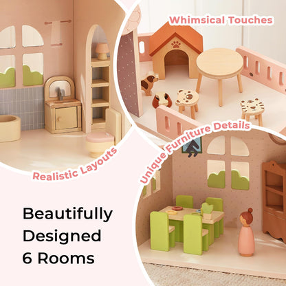 OOOK Wooden Dollhouse with 60 Pcs Luxurious Furniture Accessories, Including 4 Dolls and 2 Pets, Large 3-Story Doll House with 6 Rooms, Doll House for 3 Year Old