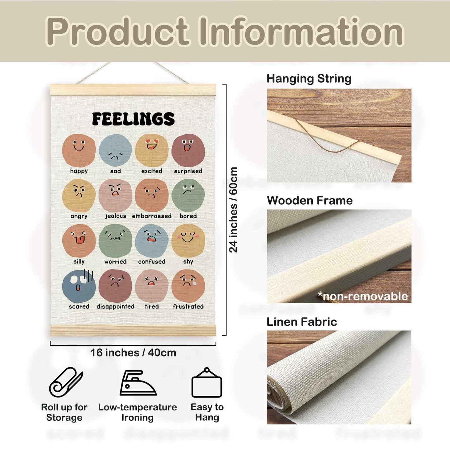 TLESKE Mental Health Feelings Emotions Chart Poster Hanger Frame for Toddler Kid Classroom Set of 2, Homeschool Wall Art Decor for Nursery Playroom, Preschool Prek Learning Educational Poster, 16x24