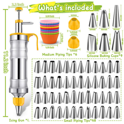 NOVANO Dessert Decorating Syringe Set, Frosting Piping Kit Stainless Steel Cake Decorating Kit with 54 Piping Tips & 9 Silicone Cupcakes, Yellow