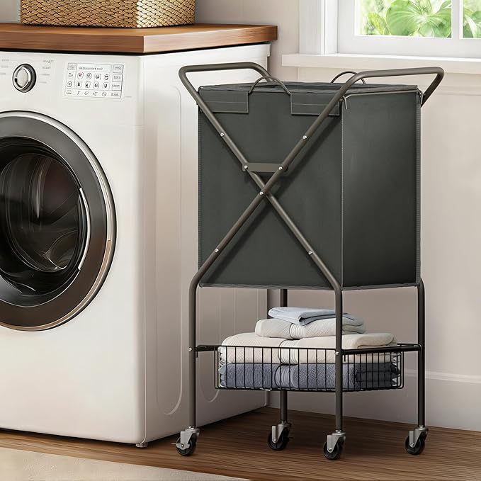 Laundry Basket with Wheels:88L Rolling Laundry Cart Foldable Metal Frame Dirty