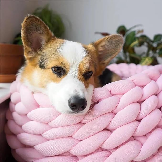 Woven Dog Bed Basket, Knitted Cotton Cat Bed Round Washable Woven Cat Pet Bed Chunky Dog Basket, Orthopedic, Chunky Knit Dog Nest,Dog Bed,Dog Cave,Dog Bedding(Pink,17")