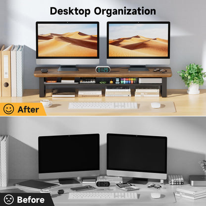 NestNeat Dual Monitor Stand, 35.4 Inch Monitor Stand Riser for 2 Monitors, 2 Tiers Wood Desk Shelf with Storage, Desktop Organizer Stand for Computer, Laptop, Printer, TV