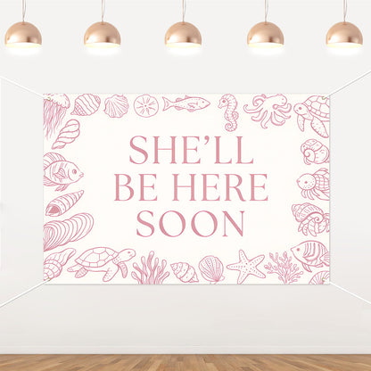 She'll Be Here Soon Backdrop Sea You Soon Baby Shower Decorations Banner Pink Seashell Seahorse Starfish Ocean Animals Photography Background for Girls Under The Sea Baby Shower Supplies 5x3ft