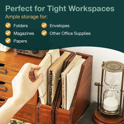 Small Wooden Vertical Magazine Holder - File Organizer for Desk - Upright Paper Organizer, File Holder, Desktop Shelf Bookends - Desktop Organizer for Magazines, Papers, Folders for Documents (1-Pack)