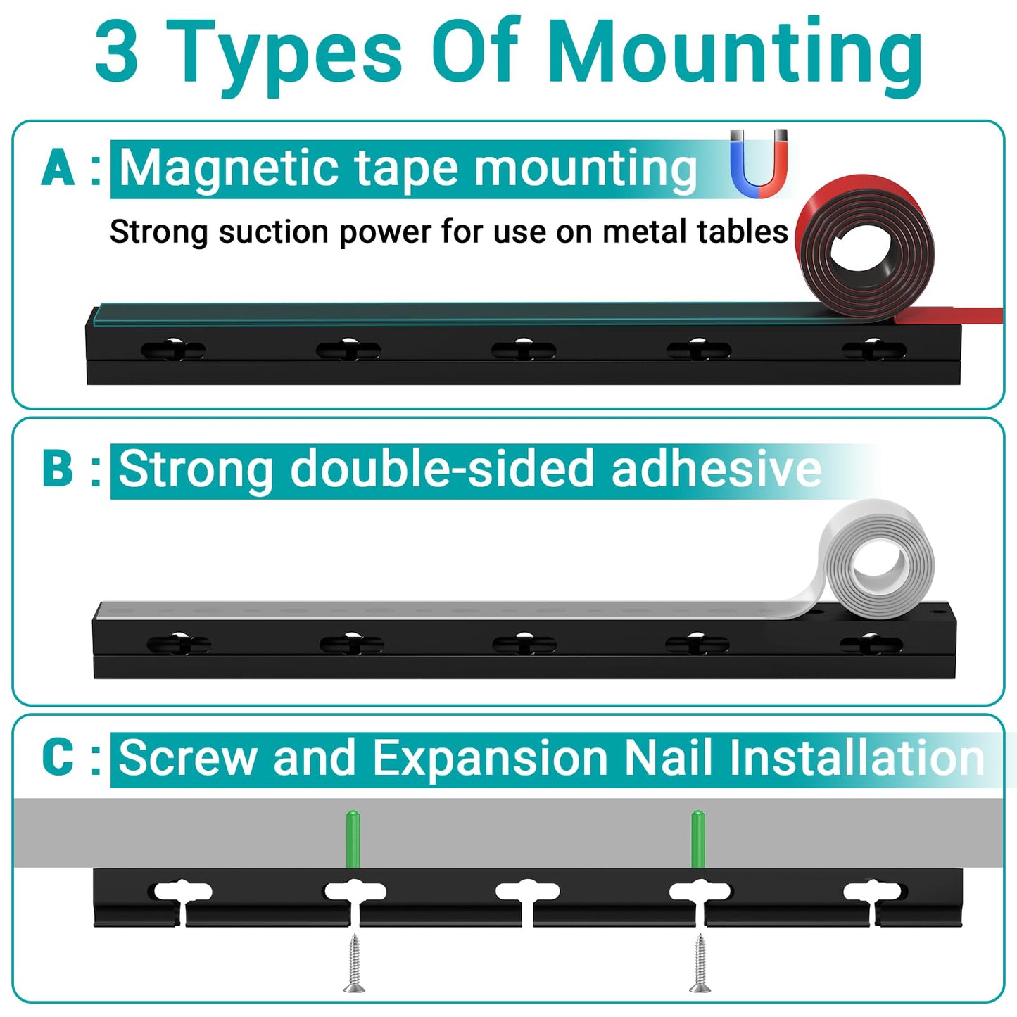 Cable Raceway - Magnetic Cable Management Under Desk with Upgraded Aesthetic Large Hole, Cord Organizer Kit for Hiding Computer, Gaming Desk, Network, Power Cord, TV - 8PCS 8x15.7in Black