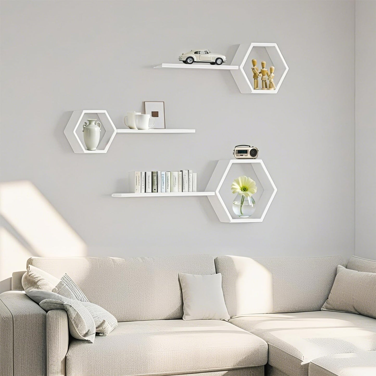 ZGZD Set of 3 White Wooden Hexagon Wall Shelves - Modern Decorative Storage for Home, Kitchen, Office Stylish Floating Shelves for Small Plants, Books, and Decor