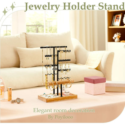 Poyilooo Earring Holder Jewelry Stand, 3 Tier Jewelry Organizer with Ring Holder Tray for Necklace Earring Keychains Bracelet Rings Display Jewelry Tree Stand (Carbonized Brown)