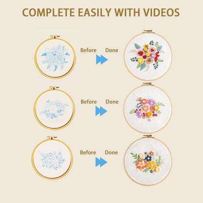 Gmakto Embroidery Kits for Beginners,3 Sets Beginner Embroidery Kit for Adults,Including 3Pcs Embroidery Cloths with Floral Pattern, 1 Pcs Plastic Embroidery Hoops, 3Pcs User Manual(Flower)