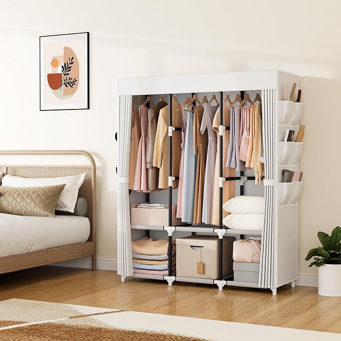 VTRIN Portable Closet Wardrobe for Hanging Clothes Closet with Cover, 3 Hanging rods, 6 Storage Shelves and Side Pocket, Diameter 19mm Metal Pipe, Sturdy Free Standing Closet for Bedroom, White