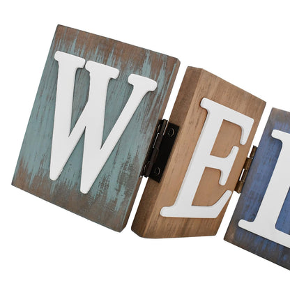 Welcome Tabletop Wooden Cutout Letter Sign - Folding Hinged Free Standing Rustic Love Word Sign for Table, Shelf, Mantel, Fireplace Farmhouse Home Decor