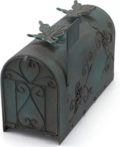Heavy Duty Galvanized Steel Mailbox Post, Rural Mail Box Postal Storage Box with Butterfly Decoration (Vintage Green)