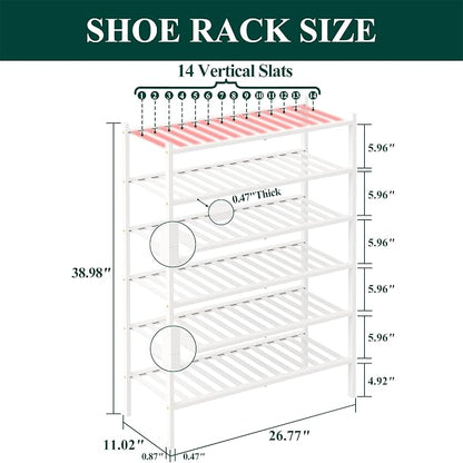 Smiry Bamboo Shoe Rack, 6 Tier Free Standing Wooden Shoe Organizer, Stackable Wood Shoe Storage Shelf for Closet, Entryway, 12 Vertical Slats, 2+2+2 Stack Standard Legs, 26.8"x11"x39", White