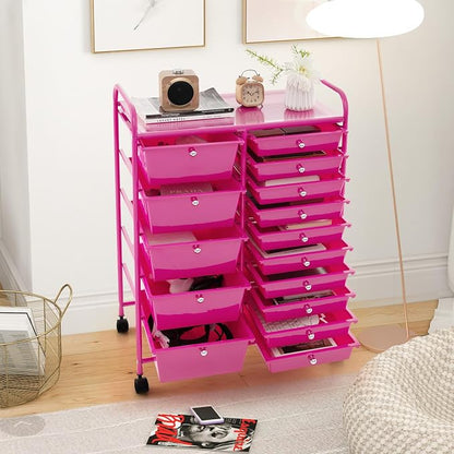 GOFLAME 15-Drawer Rolling Storage Cart, Craft Storage Cart with Removable Drawers & Lockable Wheels, Art Cart Supply Storage Organizer for Home Office Classroom, Hot Pink