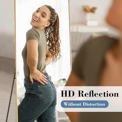NEWBULIG Mirror Full Length, 65"x24" Body Wall Mirrors with Shatter-Proof Glass, Upgraded Floor Standing Mirror, Hanging or Leaning, with Stand Aluminum Alloy Frame for Home Decor, Bedroom, Gold