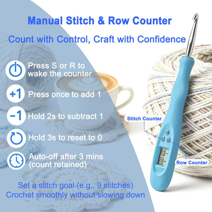 Light Up Crochet Hooks Set with Digital Stitch/Row Counter,18 Interchangeable Hooks (2.0–14.0 mm), Ergonomic Comfort Grip,Dual Light Modes with a Storage Case – A Perfect Gift for Crocheters