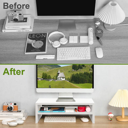 TEAMIX 2 Tier White Wooden Laptop Stand and 2 Pack White Monitor Stand Riser for Computer Desk Home Office Organization.