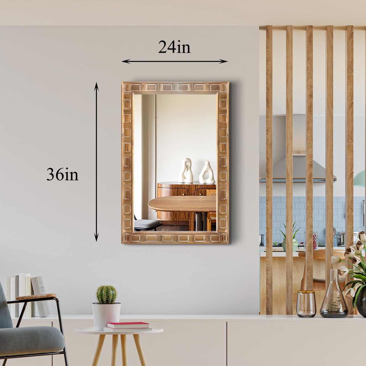 POZINO Rustic Wood Mirror, 24"X36" Farmhouse Bathroom Mirror for Over Sink, Natural Wooden Rectangle Wall Mirrors for Living Room Entryway Bedroom Hallway Fireplace, Horizontal Or Vertical