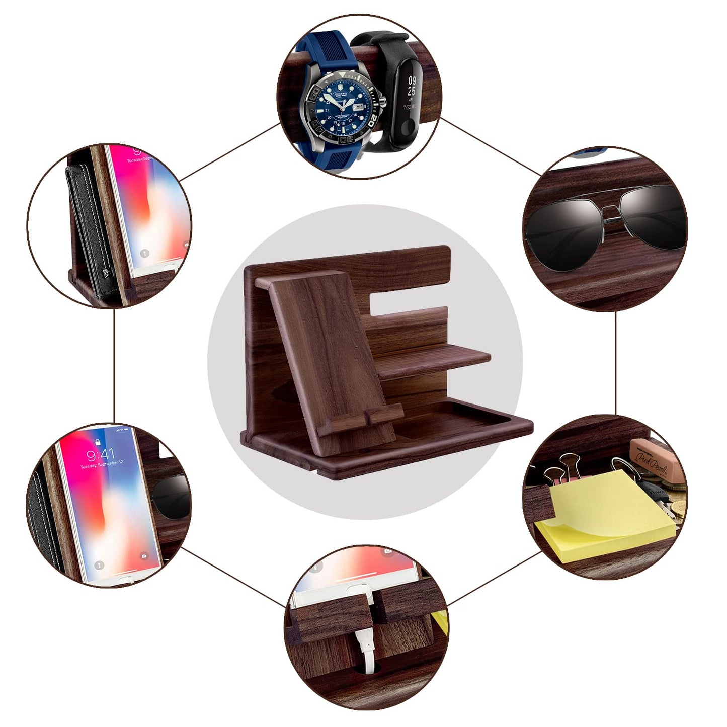 Gifts for Men Christmas, Wood Phone Docking Station, Mens Gifts for Birthday or Gifts for Dad Fathers Day, Desk Workspace Organizer Nightstand Organizer Key for Wallet & Watch Holder Husband Christmas