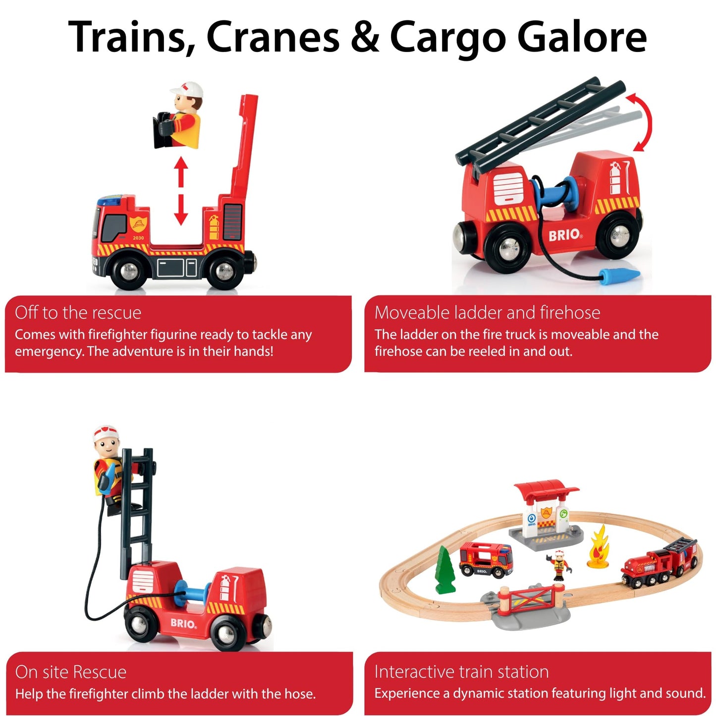 BRIO World Rescue Firefighter Set - 18-Piece FSC-Certified Wood Train Set & Accessories - Fire Train Engine with Lights and Sound, Wooden Tracks & More - Works with All Wooden Train Sets - Ages 3 & Up