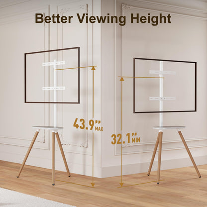 ECOTINY Tripod Easel TV Stand for 43–65 Inch TVs, Height Adjustable Swivel Floor Stand with Wooden Tray and Cable Management, VESA 400x400, Minimalist White