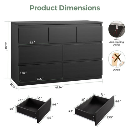 Jocoevol Modern Black 7 Drawer Dresser for Bedroom, Simply Chest of Drawers, Wood Storage Dresser with Deep Drawers for Living Room Hallway Entryway, Black
