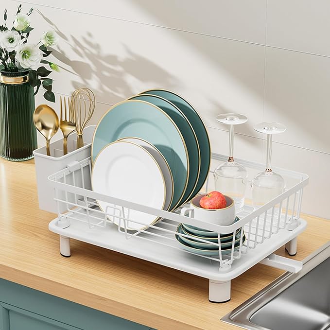Small Dish Drying Rack, Space Saving Dish Racks for Kitchen Counter, Kitchen Organizer Dish Drainer with Cutlery Holder for Spoons and Forks, 11''W x 15''L, White