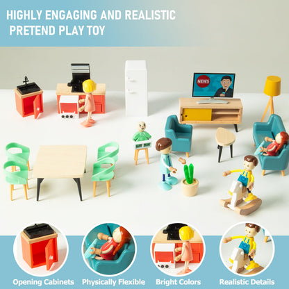 Smartwo 43PCS Wooden Dollhouse Furniture Set 6 Rooms with 5 Family Dolls,Wood and Plastic Dollhouse Accessories, in/Outdoor Scenes Pretend Play Toys Christmas Birthday Gift for Boys Girls & Kids 3Y+
