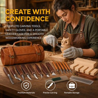 Deluxe Wood Carving Kit, 26Pcs Whittling Tools with 6 Basswood Blocks & Leather Case, High-Carbon Steel Knives, Safety Gloves, Woodworking Set for Beginners Adults DIY Craft Gifts