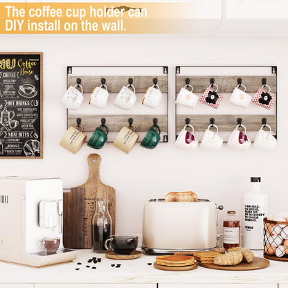 IBUYKE Wall-Mounted Mug Rack Set of 3, 24-Hook Large Coffee Display Organizer for Kitchen, Home, Bar, Coffee Station - Rustic Wood, Greige TBJ005Y-3
