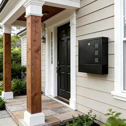 KYODOLED Locking Wall Mount Mailbox for Outside, Key Lock, Black | Heavy-Duty Steel, Large Capacity, Holds Newspapers, Magazines & Envelopes, Weather Resistant, Home & Residential Use