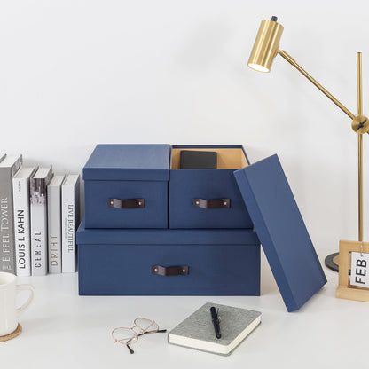 Soul & Lane Decorative Storage Boxes with Lids - Set of 3 (One Large and Two Medium), Sturdy Cardboard Organizers for Photos, Versatile Boxes with Handles for Office & Home, Navy