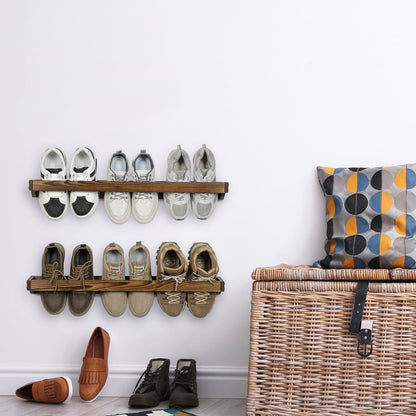 MyGift 30 Inch Rustic Burnt Solid Wood Hanging Shoe Rack, Wall Mounted Storage Organizer Footwear Holder for Closet, Mudroom, Entryway, Holds 6 Pairs, Set of 2