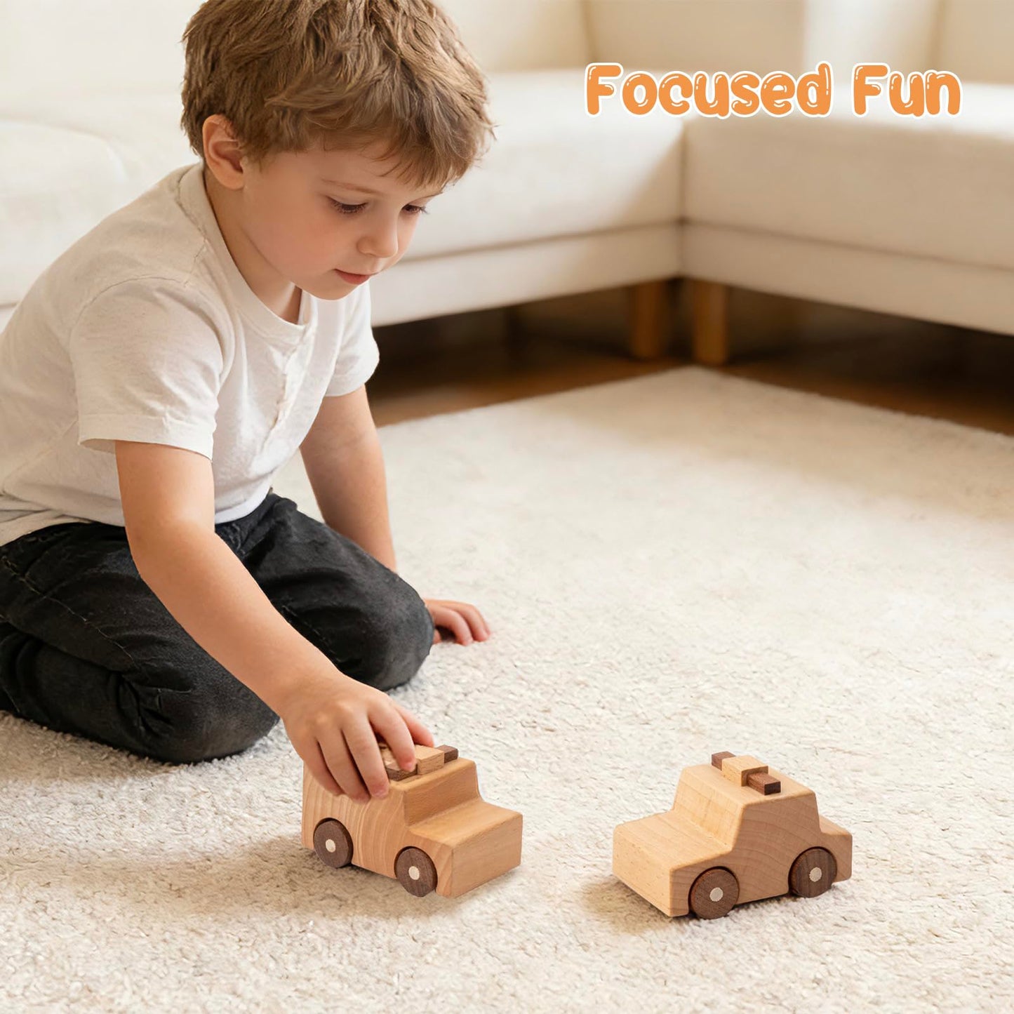 kienvy Wooden Toy Cars for 3 Year Old Boys & Girls - Construction Vehicles Set Push Toys for Toddlers, Wood Montessori Car with Rolling Wheels, Natural Wood Toys (Ambulance & Police Car)