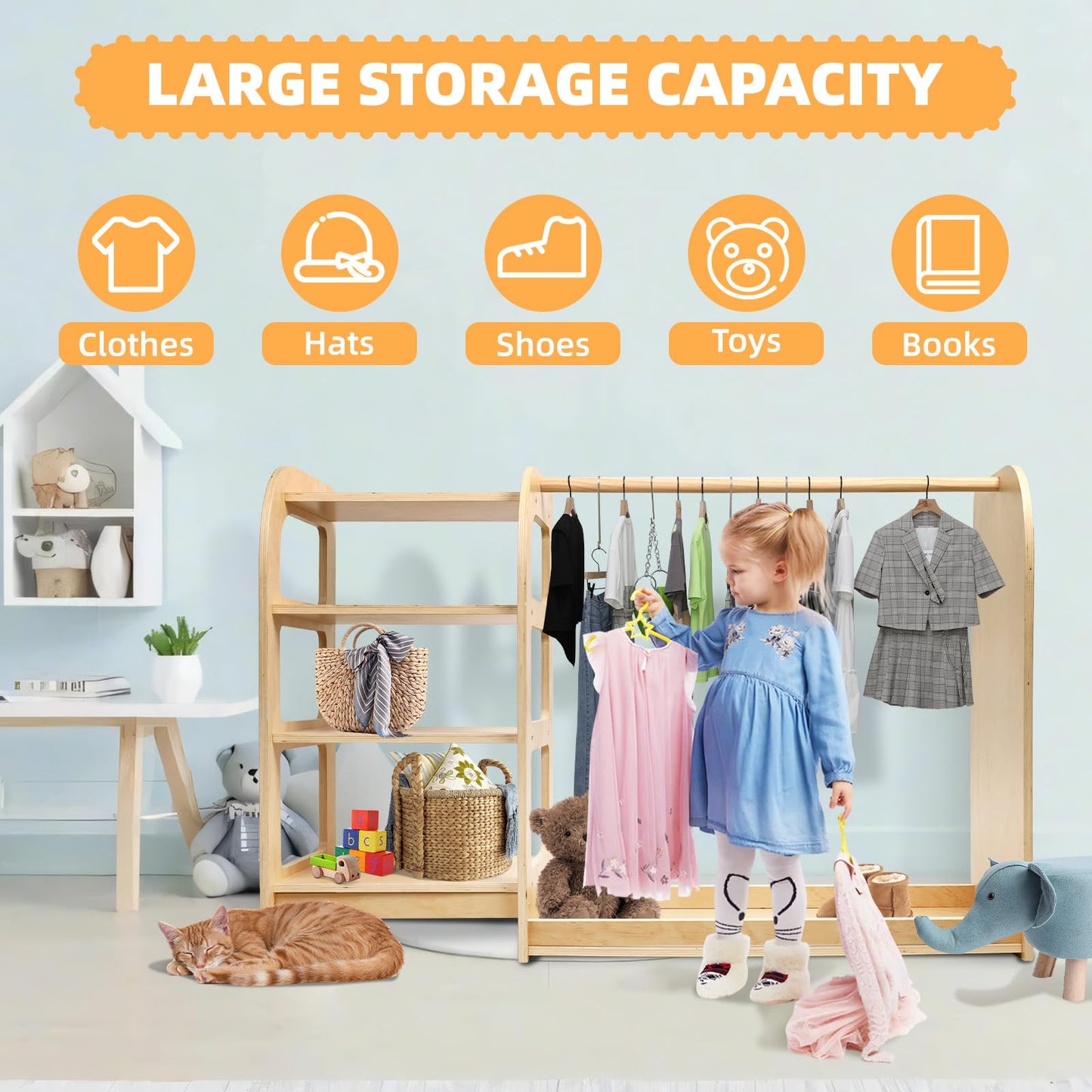 homegroove Kids Dress Up Storage with Mirror, 31.5 Inch Kids Wardrobe Closet with Storage Shelf for Little Girls and Boys, Wooden Costume Organizer for Bedroom Classroom Playroom Furniture