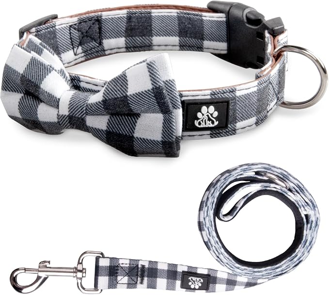 IVY&LANE Dog Collar with Bowtie and Leash Set | Plaid Adjustable Dog Collar | Detachable Bow Tie |5 FT Dog Leash | for Small Medium Large Dogs | Checkered Black | Medium