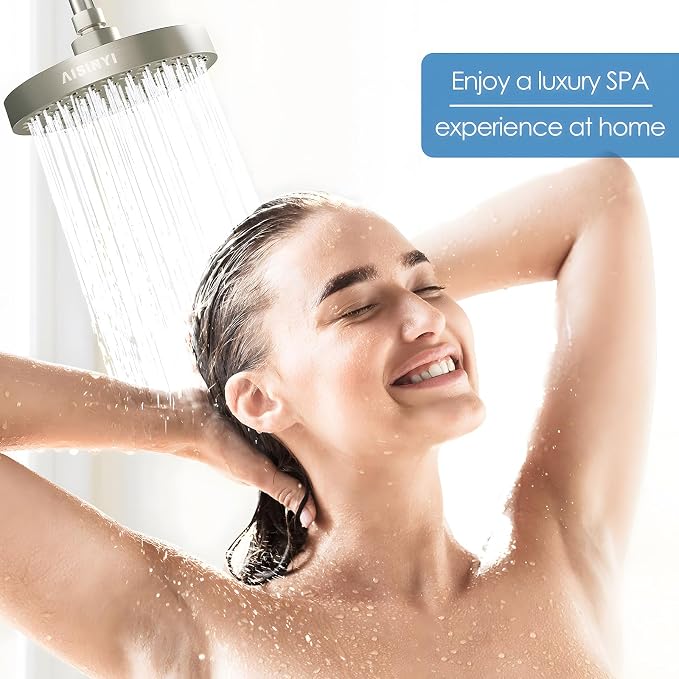 High Pressure Rainfall Shower Head, 6 Inches Showerhead with Perfect Adjustable Replacement, Removable Restrictor, Easy Installation for Your Bathroom Shower Heads(Brushed Nickel + Shower Arm)