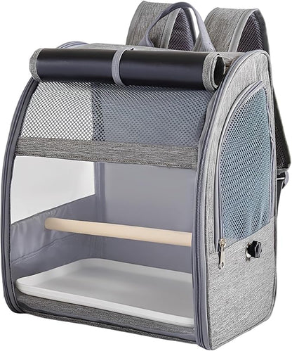 Gray Bird Backpack Carrier, Pet Travel Cage with Breathable Mesh, Large Space Parrot Backpack for Cockatiels Pigeons, Portable Cage with Perch & Tray, 12.2 X 9.6 X 15 in