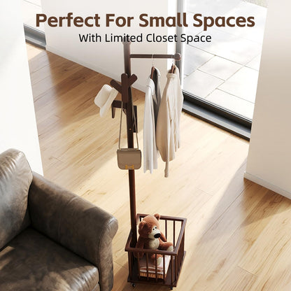 Cactus Freestanding Wooden Coat Rack with Storage Basket,Walnut Coat Rack with Hooks and Wheels,Space-Saving Entryway Organizer for Hanging Clothes,Bags and Storing Towels,Bedroom, Living Room
