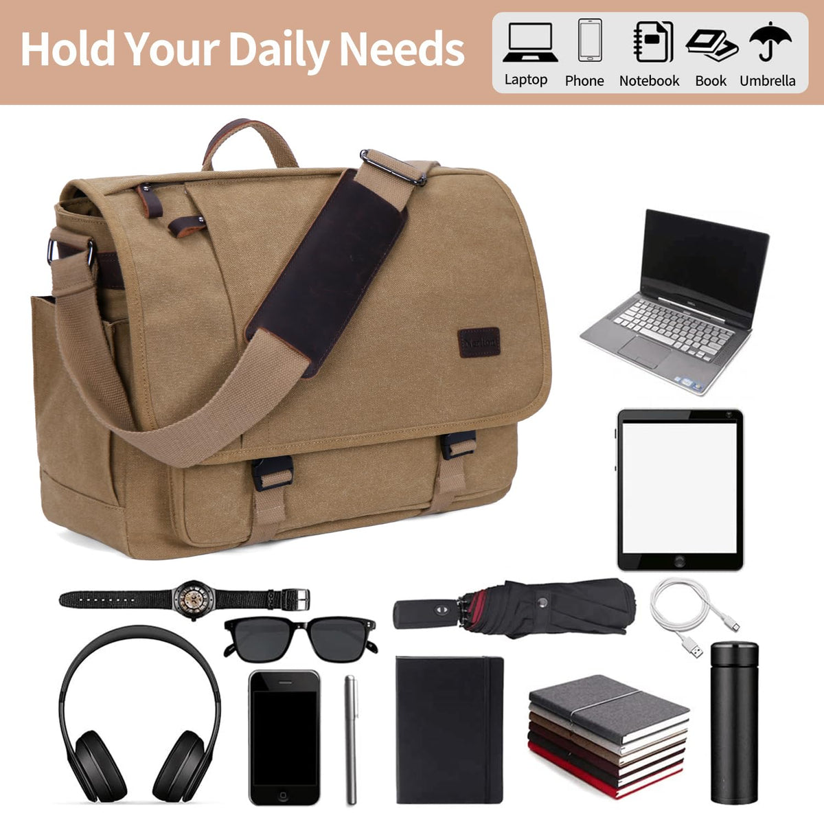 Nerlion Messenger Bag for Men 17-17.3 Inch Laptop Bag Canvas Water-resistant Computer Bag Shoulder Bag Work Briefcase Bookbag for College (Brown)