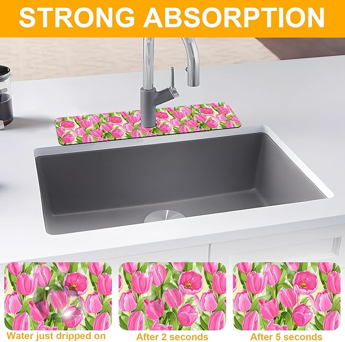 2 Pack Watercolor Tulips Sink Faucet Absorbing Mat Pink Tulips Super Absorbent