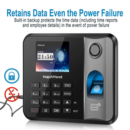 HapAttend Time Clock - Fingerprint Time Clocks for Employees Small Business Automatic Calculate Hours, No WiFi H1 Standalone Biometric Clock in Machine for Employees with 5 RFID Cards (0 Monthly Fees)