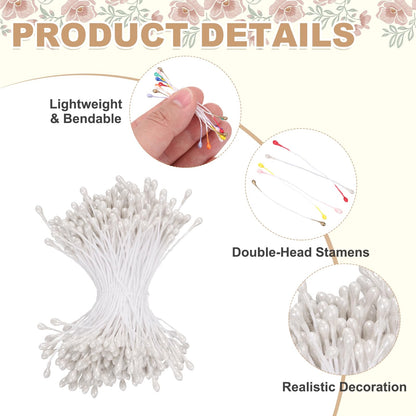 MECCANIXITY 3mm Double Head Flower Stamen 960 Pcs Bright Artificial Floral Stamens Pistil for Christmas Wedding Flowers Making Scrapbook Decoration DIY Crafts, White