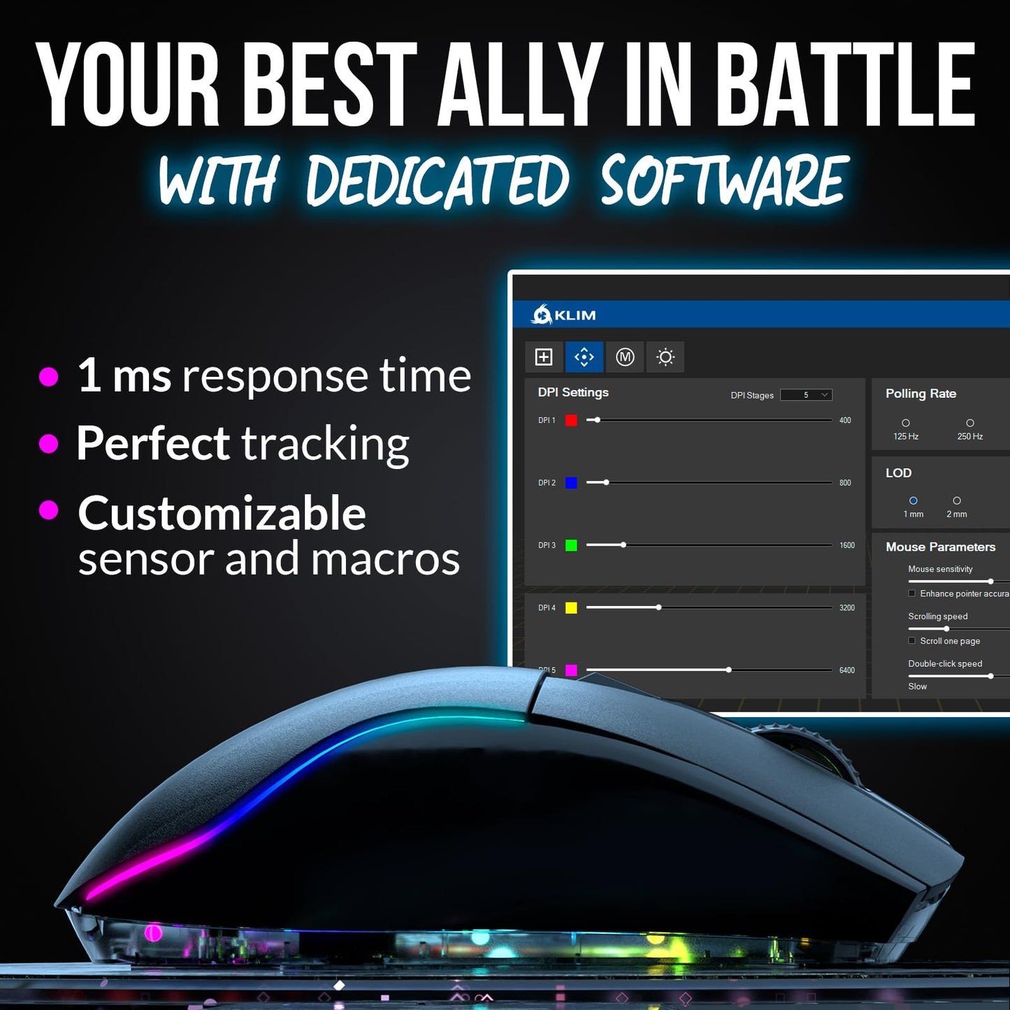 KLIM Blaze X RGB + New + Rechargeable Wireless Gaming Mouse with Charging Dock + Long-Lasting Battery + Up to 12000 DPI + Wired & Wireless Mouse PC, PS5, PS4, Mac + Black