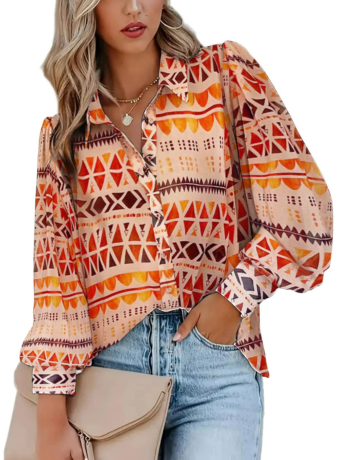 Zeagoo Womens Shirts Button Down Printed Lantern Long Sleeve Blouse Fashion Casual Tops 2025