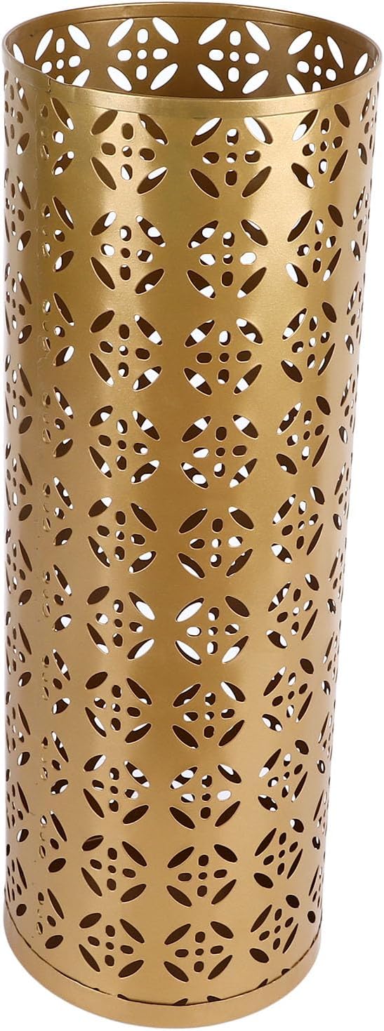 Zerodis Large Round Hollow Design Metal Umbrella Holder, Stylish Gold Finish Steel Umbrella Stand for Entryway, Home Office, and Outdoor Use (L)