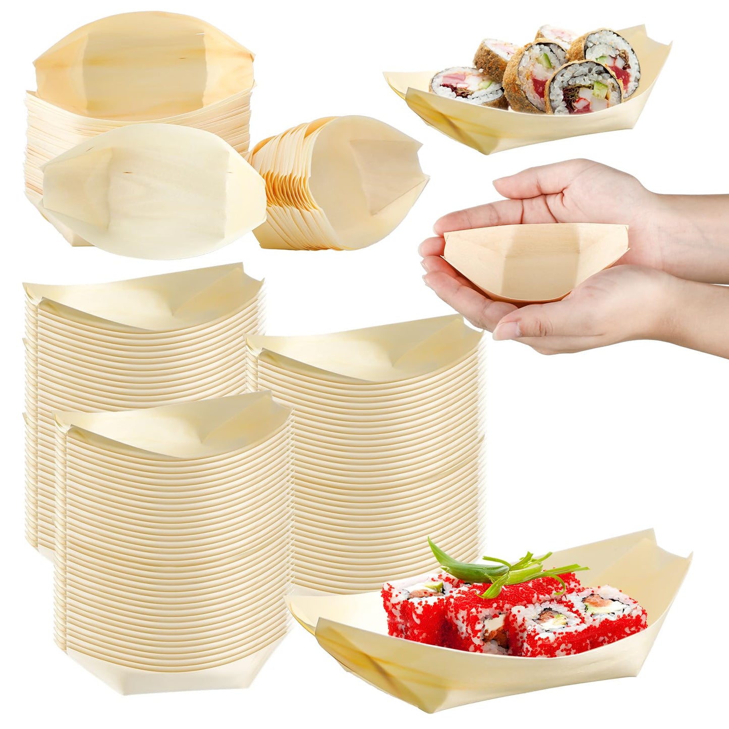 Newtay 300 Pcs Disposable Bamboo Boat Plates 5.5'' Small Appetizer Wooden Leaf Boat Plates Sushi Serving Tray Food Dishes Container Bowl for Catering Home Holiday Party Use