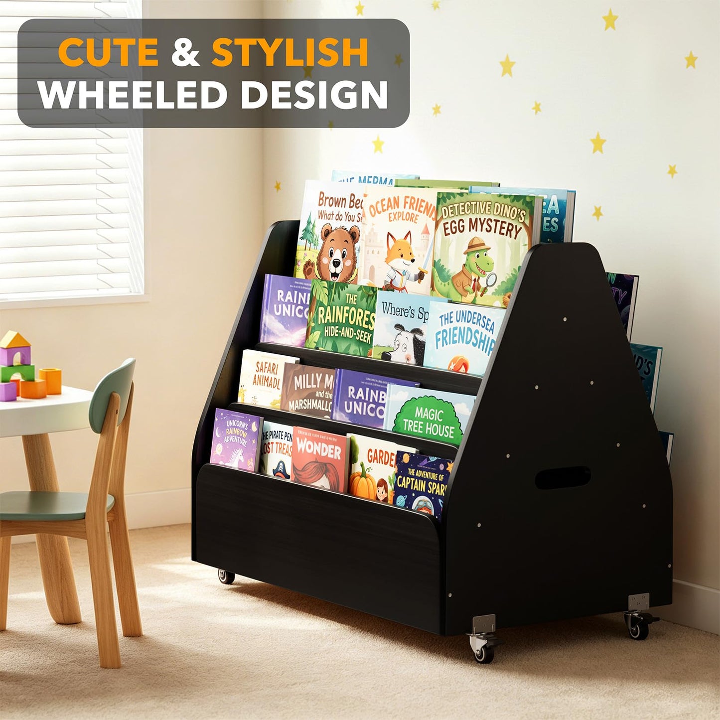 SpaceAid Double-Sided Mobile Bookshelf, Montessori Bookcase for Toddlers, Wooden Book Storage Organizer Shelf Furniture for Kids Rooms, Playroom, Nursery and Classroom, 29.5“ Wide 4-Tier, Black