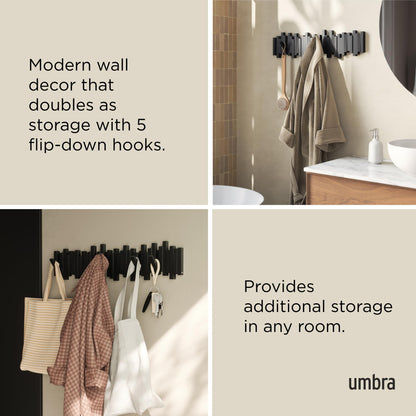 Umbra Sticks Wall-Mounted Coat Rack Rail Hook with 8 Retractable Pegs – Modern, Space-Saving Storage Organizer, Black