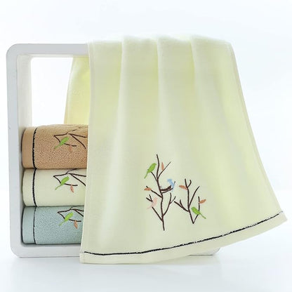 Pidada Bath Hand Towel Set of 3 Embroidered Bird Tree Pattern 100% Cotton Soft